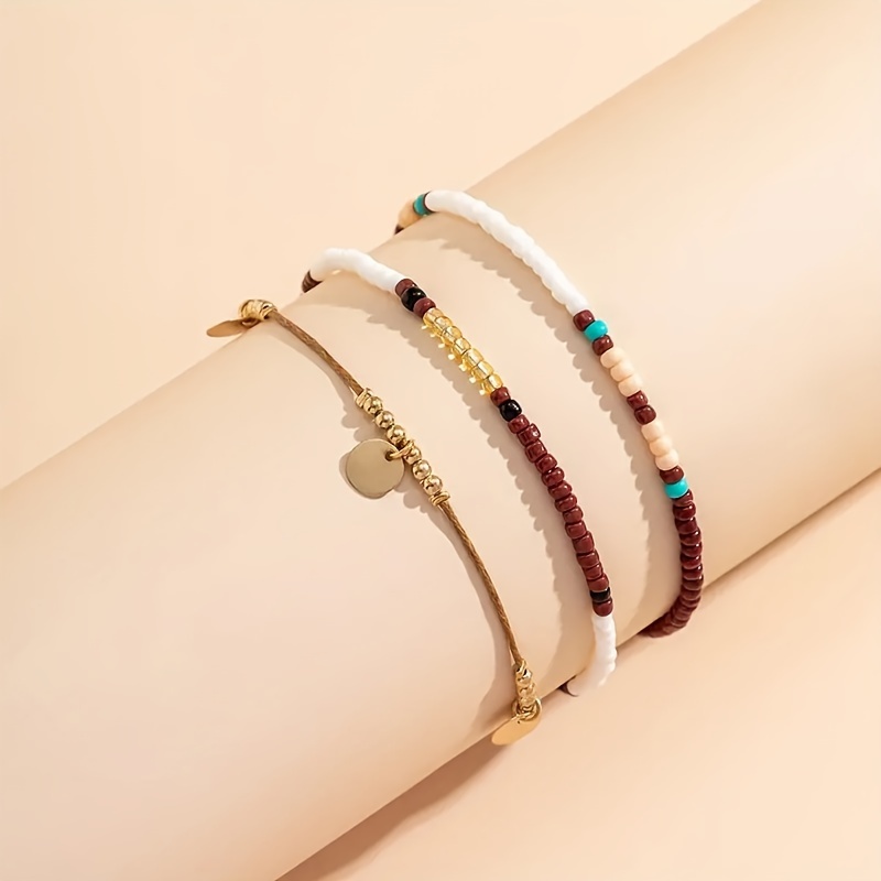 Boho 3pcs Waterproof Beaded & Braided Anklet Set